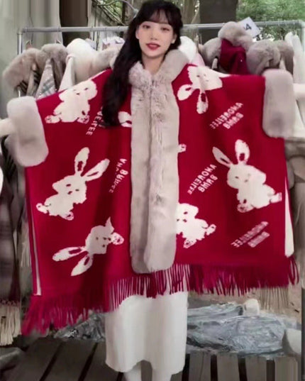 Loose Plaid Plus Cashmere Fur Collar Knitted Inverness