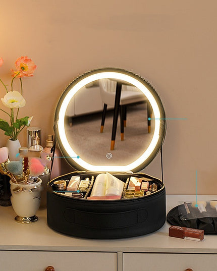 Round Smart LED Makeup Bag With Mirror Lights Women Beauty Bag Large Capacity PU Leather Travel Organizers Cosmetic Case