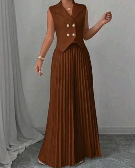 Summer Sleeveless Suit Fashion Lapel Button Vest Top And Pleated Straight Pants Women's Trousers Set Clothing