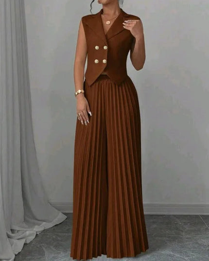 Summer Sleeveless Suit Fashion Lapel Button Vest Top And Pleated Straight Pants Women's Trousers Set Clothing
