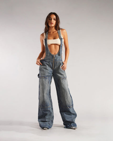 Y2K Zipper Denim Overalls With Pockets Fashion Loose Suspender Jumpsuit Streetwear Jeans Pants Womens Clothing