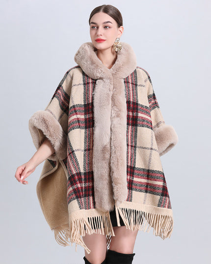Loose Plaid Plus Cashmere Fur Collar Knitted Inverness