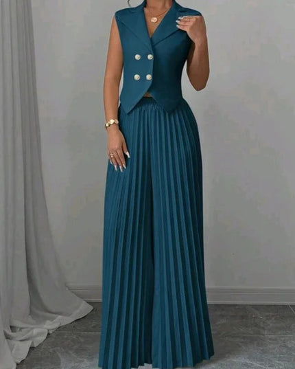 Summer Sleeveless Suit Fashion Lapel Button Vest Top And Pleated Straight Pants Women's Trousers Set Clothing