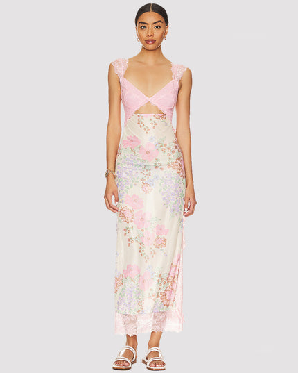 Slim V-neck Lace Shoulder-strap Dress Stitching Flowers Print Long Dresses Summer Women's Clothing