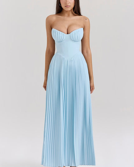 Blue Strapless Slimming Pleated Tight Dress