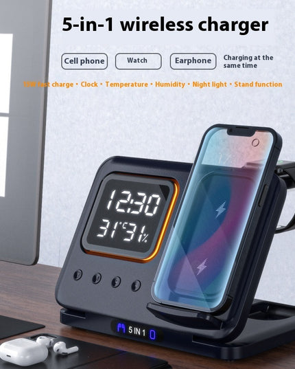 15W Wireless Chargers Stand 5 In1 LED Digital Alarm Clock Fast Charging Dock Station