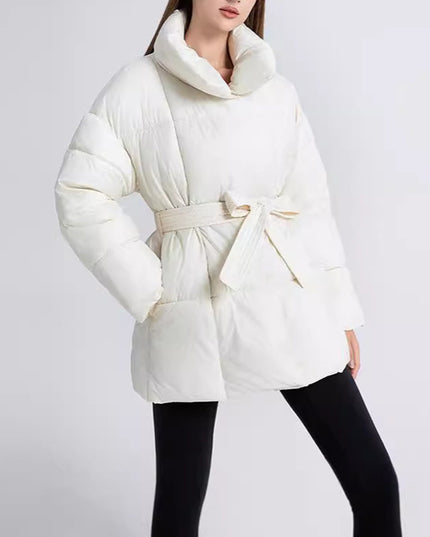 Winter Plaid Sewing Lapel Coat With Lace-up Design Fashion Loose Solid Thick Jacket Outerwear Women's Clothing