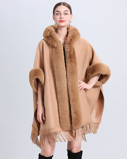 Loose Plaid Plus Cashmere Fur Collar Knitted Inverness