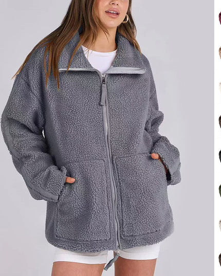 Winter Lapel Zip-up Coat With Pockets Casual Fashion Solid Fleece Jacket Fall Spring Long Sleeve Women's Clothing