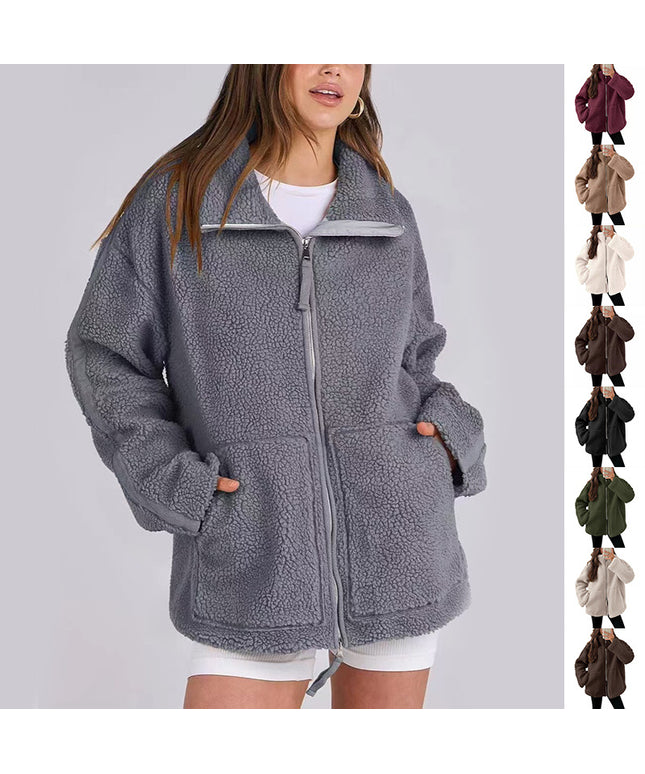 Winter Lapel Zip-up Coat With Pockets Casual Fashion Solid Fleece Jacket Fall Spring Long Sleeve Women's Clothing