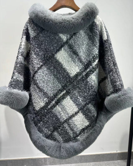 Big Fur Collar Cloak Mid-length Batwing Sleeve Pullover Classic Plaid Shawl