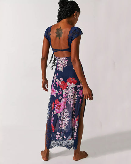 Slim V-neck Lace Shoulder-strap Dress Stitching Flowers Print Long Dresses Summer Women's Clothing