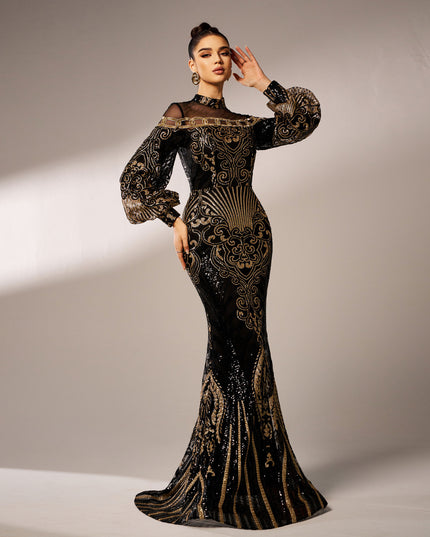 Long Sleeve Round Neck Sequins Mesh Fishtail Evening Dress