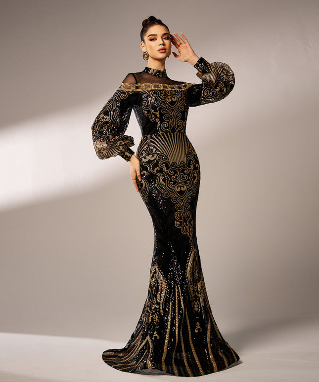 Long Sleeve Round Neck Sequins Mesh Fishtail Evening Dress