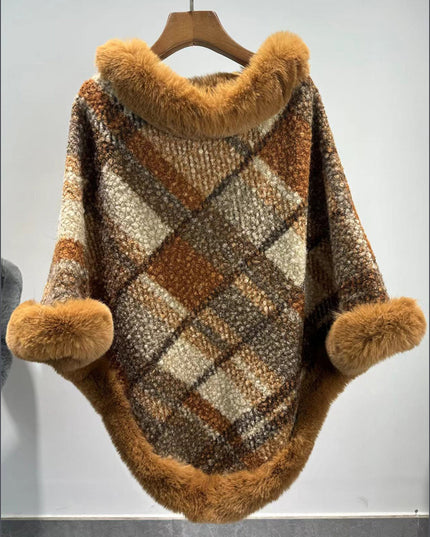 Big Fur Collar Cloak Mid-length Batwing Sleeve Pullover Classic Plaid Shawl